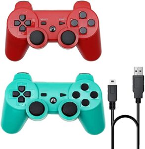 ＲＵＥＩＵＲＩ PS-3 Controller 2 Pack [2025 NEWEST] PS-3 Wireless Controller Playstation 3 Controller Wireless Bluetooth Gamepad with USB Charger Cable for PS-3 Console (Red+Green) UK Warehouse Stock