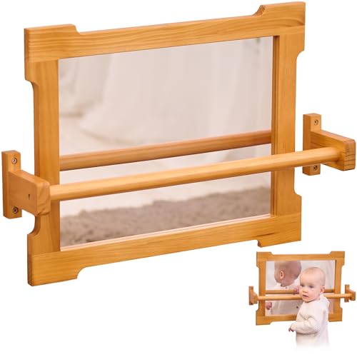 Montessori Mirror with Bar for Toddlers | Montessori Pull-Up Bar for Standing & Walking | Mirror Baby Wall with Pull-Up Bar | Wooden Balance Bar for Motor Development | Also for Playrooms & Classrooms
