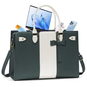 Laptop Bags for Women PU Leather Work Bags for Women Tote Bag Large Handbag Shoulder Bag for Office Bussiness 15.6 Inch Dark Green and Beige