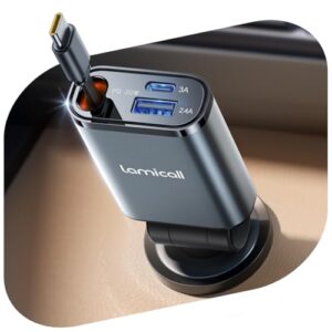 Lamicall 3 in 1 Retractable Car Charger Adapter -【2025 Ultra Compact】50W Cigarette Lighter USB Charger