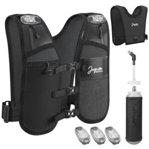 Adjustable LED Running Vest with Water Bottle 500ml-Waterproof Phone Holder-Hydration Running Vest Men & Women with Cooling Towel–6 Reinforced Pockets for RunningAccessories