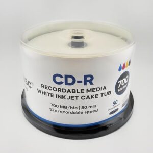 Pro-Series CD-R 52x Speed 700MB 80 Minute Full Face Brilliant White Inkjet Printable Blank Discs 17622 – 50 Pack Spindle