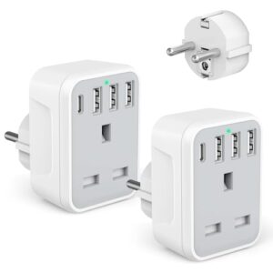 2 Pcak European to UK Plug Adaptor with 4 USB Ports(1 USB C)