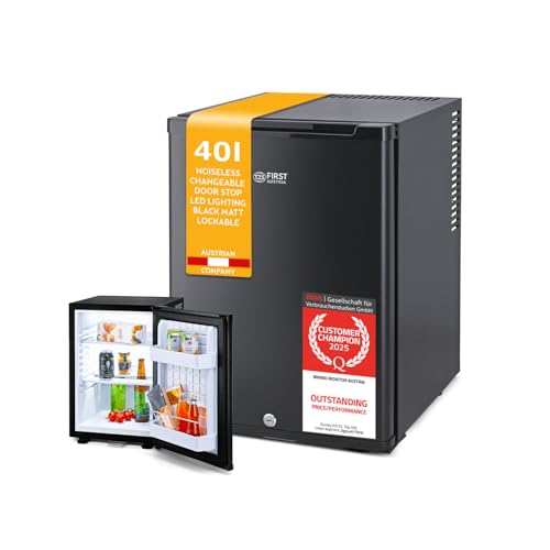TZS First Austria mini fridge for bedroom | no noise 22 db | 40 L | lockable | minibar | reversible door | temperature control | LED lighting            [Energy Class E]