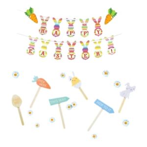 eBoutik - Easter Egg Hunt Signs & Bunting Garden Decorations Bundle - Bunny and Egg Lawn Stakes - Outdoor Colourful Décor Children Springtime Party Props With Happy Easter Bunting