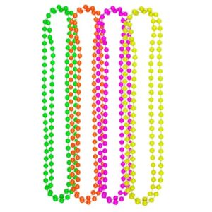 FUN FABLES Neon Bead Necklace Set – Pack of 4 Assorted Colours – 80s Fancy Dress Jewellery for Festivals