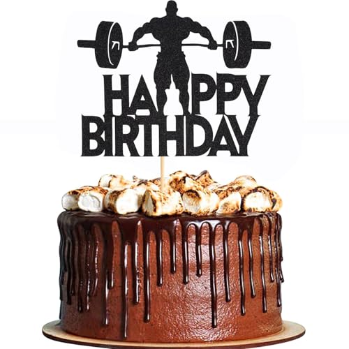 1Pcs Fitness Happy Birthday Cake Topper Gym Theme Cake TopperS Weightlifting Birthday Cake Decorations for Man Boy Sports Theme Party Supplies Black Glitte
