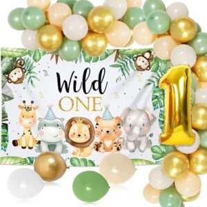 Jungle 1st Birthday Decorations for Boys Girls Safari Wild One Birthday Decorations Sage Green Balloon Animal Jungle Theme Party Suplies