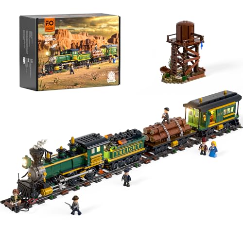 FUNWHOLE Western Freight Train Construction Set - 4-4-0 Steam Train Model with Lighting