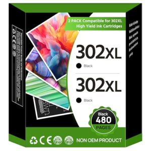 302XL Black Ink Cartridge Remanufactured for HP 302 302XL Ink Cartridges Combo Pack for Deskjet 1110 2130 2134 3630 3632 3634 Envy 4520 4521 4522 4523 4524 Officejet 3830 3834 4650 4651 4652 (2-Black)