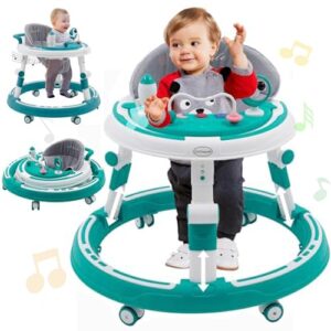 Baby Walker 4 in 1 Round Shape Kids Seat with Wheels Puzzle Beads Music Play Center Dining Table Walking Chair Suitable for Babies from 6 Months Boys & Girls Foldable Adjustable Height Babywalke