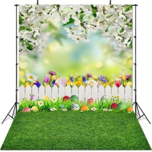 Avezano Easter Photography Backdrop Spring Easter Eggs Green Lawn Flowers Portrait Photo Background Party Decoration Photo Booth Props（5x7ft）