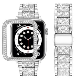wutwuk Compatible with Apple Watch Straps 40mm Women & Girls Metal Sparkling iWatch Straps with Bling Case Replacement Rhinestone Glitter Wristband for Apple Watch Series SE 2 SE 6 5 4 -Silver 40mm