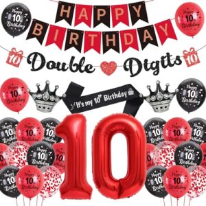 10th Birthday Decorations for Boys Girls - Red Black Happy Birthday Double Digits Banner Garland