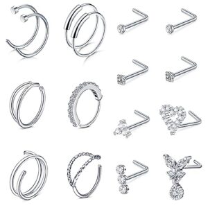 18PCS 316L Surgical Steel Nose Ring Studs 20G 8mm 7mm Silver Gold L-Shape Nose Screw Nose Hoop Rings for Women Girls Stainless Steel Nostril Piercing Jewelry