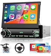 7 inch Flip Out Single Din Car Stereo with Apple Carplay Android Auto, Hodozzy Touch Screen Bluet...