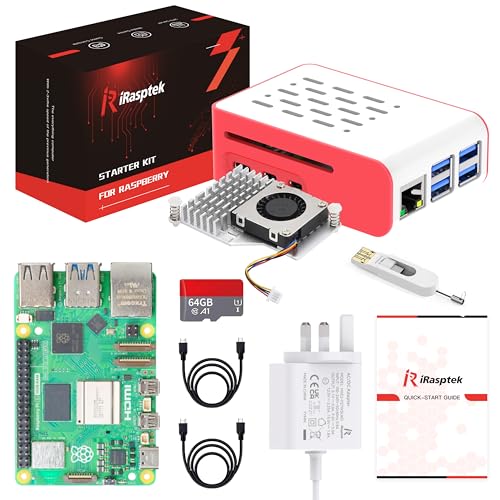 iRasptek Raspberry Pi 5 16GB Starter Kit - 64GB Edition of OS-Bookworm Pre-installed(Red&White Case)