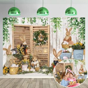 Spring Easter Backdrop for Photography 7x5FT Colorful Eggs Rabbit Rustic White Wooden Wall Background Baby Shower Birthday Party Decor Supplies Portrait Photo Booth Props