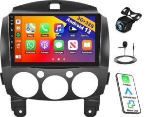 CAMECHO Qualcomm 8-Core Android 13 Car Stereo for Mazda 2 2007-2014 3+32GB 9 Inch Touchscreen Car Radio Wireless Carplay Android Auto GPS Navigation WiFi Bluetooth FM RDS DSP Backup Camera Mirror Link
