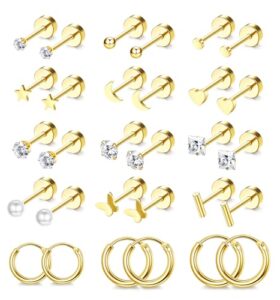 Morfetto 15Pairs Gold Stud Earrings Set Hypoallergenic Earrings Surgical Steel 14K Gold Flat Back Earrings Sets for Multiple Piercings Tiny Gold Cartilage Sleeper Earrings for Wome