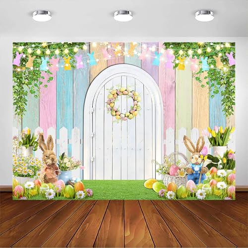 Avezano Easter Backdrop Wooden Wall Easter Eggs Bunny Backdrop Spring Easter Kids Portrait Photography Background Decorations Photo Booth Props(7x5ft)