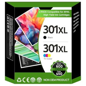 301XL Ink Cartridges 2-Pack Black and Colour Combo Pack Remanufactured for HP 301XL for Envy 4500 5530 5532 4502 4507 DeskJet 2540 2050 1050 OfficeJet 2620 2622 4630 4632 All in One Printe