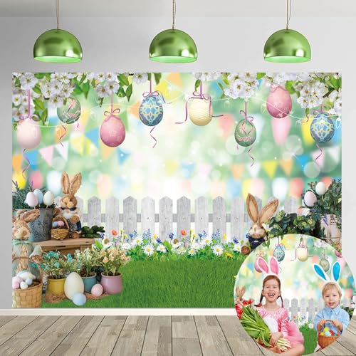 Easter Backdrop for Photography 7x5FT Spring Bunny Grass and Flower Colorful Egg Bokeh Background Easter Newborn Portrait Party Decorations Studio Props