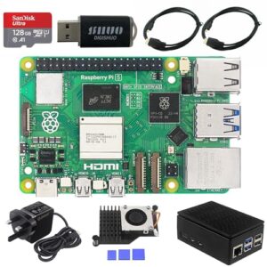 Starter Kit For Raspberry Pi 5B Model B 4GB RAM 8 in 1 Kit | Pi 5 Active Cooler | San Disk 128G SD Card| 2X Micro HDMI Cable | Sufficient 5.1V 5A Power Supply (5B 4G 8 in 1 Starter Kit)