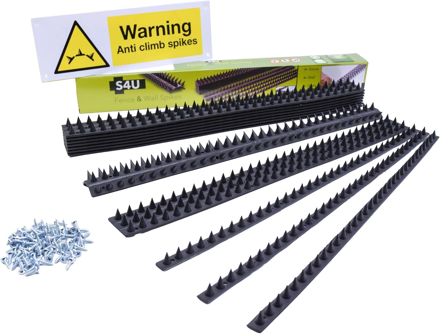 Fence Wall Spikes Garden Bird Spikes Cat Pigeon Deterrent Anti Climb 50 x 4.5 x 1.5cm Warning Sign & Screws Included (5m
