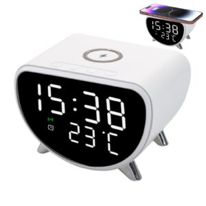 Desk Clock with Wireless Charging - Desk LED Alarm Clock with Temperature Meter | 15W Fast Wireless Charger Station