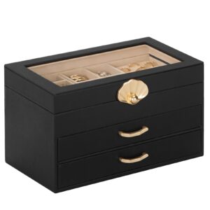 Jewellery Box with 2 Drawers : Jewellery Display Organiser for Earrings Necklaces - Gift for Girls Women | Black