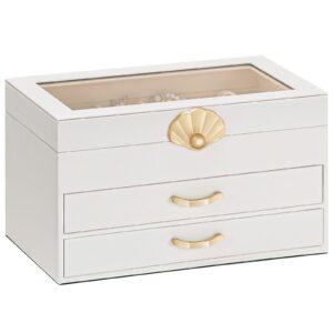 Jewellery Box with 2 Drawers : Jewellery Display Organiser for Earrings Necklaces - Gift for Girls Women | White