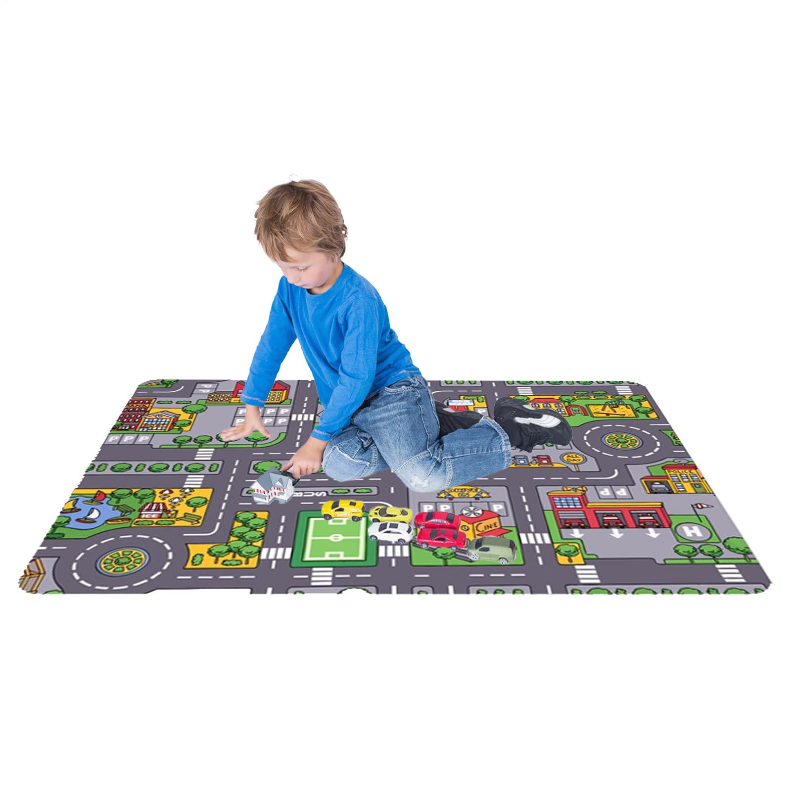 80x120cm Kids Road Play Mat Car Play Mats Kids Play Rug City Road Car Mat Velvet Non-Slip City Town Car Roads Interactive Play-mat For Playroom Living Room
