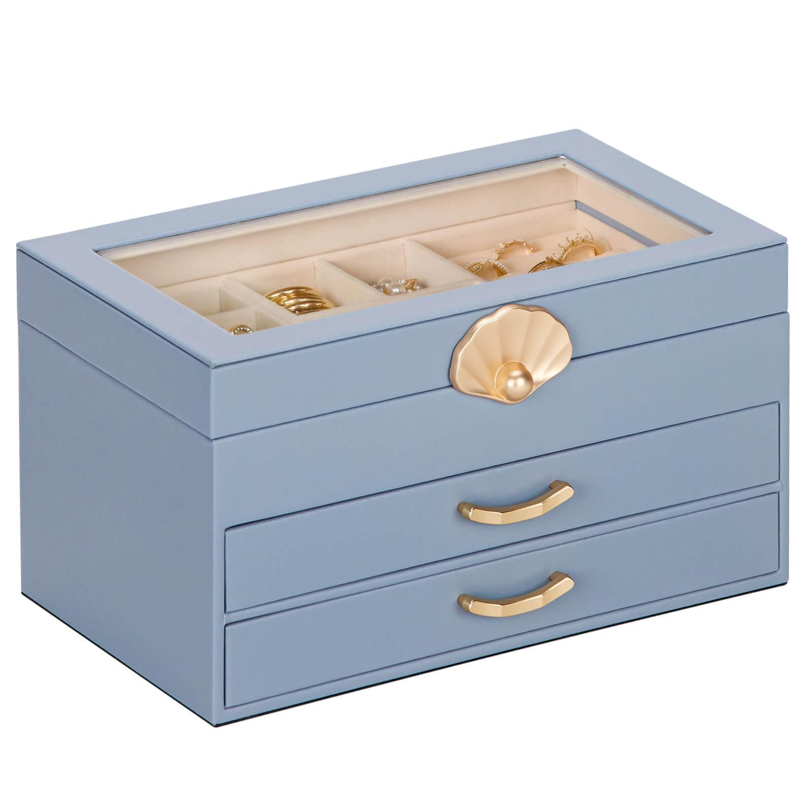 Jewellery Box with 2 Drawers : Jewellery Display Organiser for Earrings Necklaces - Gift for Girls Women | Grey Blue