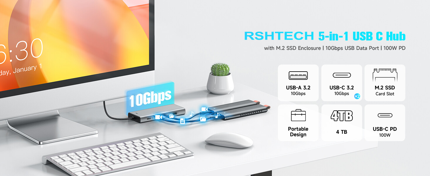 RSHTECH M.2 NVME SATA SSD Docking Station with USB 3.2 10Gbps hub