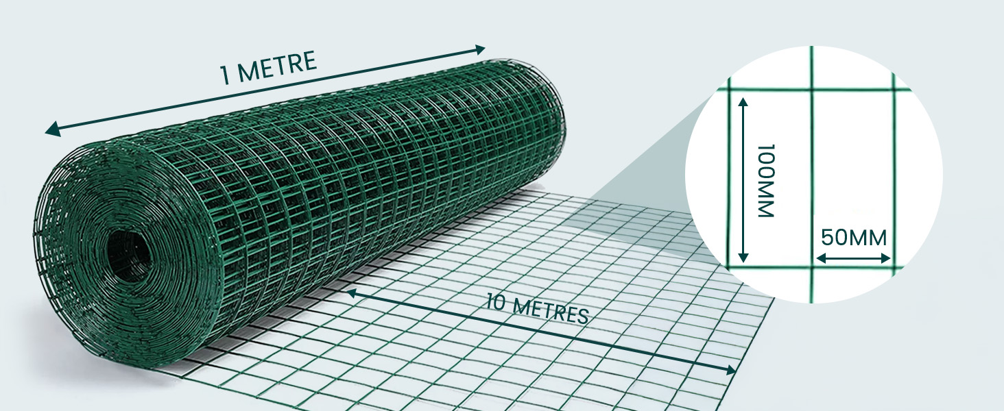 Size: 1 metre by 10 metres, mesh size: 100mm by 50mm