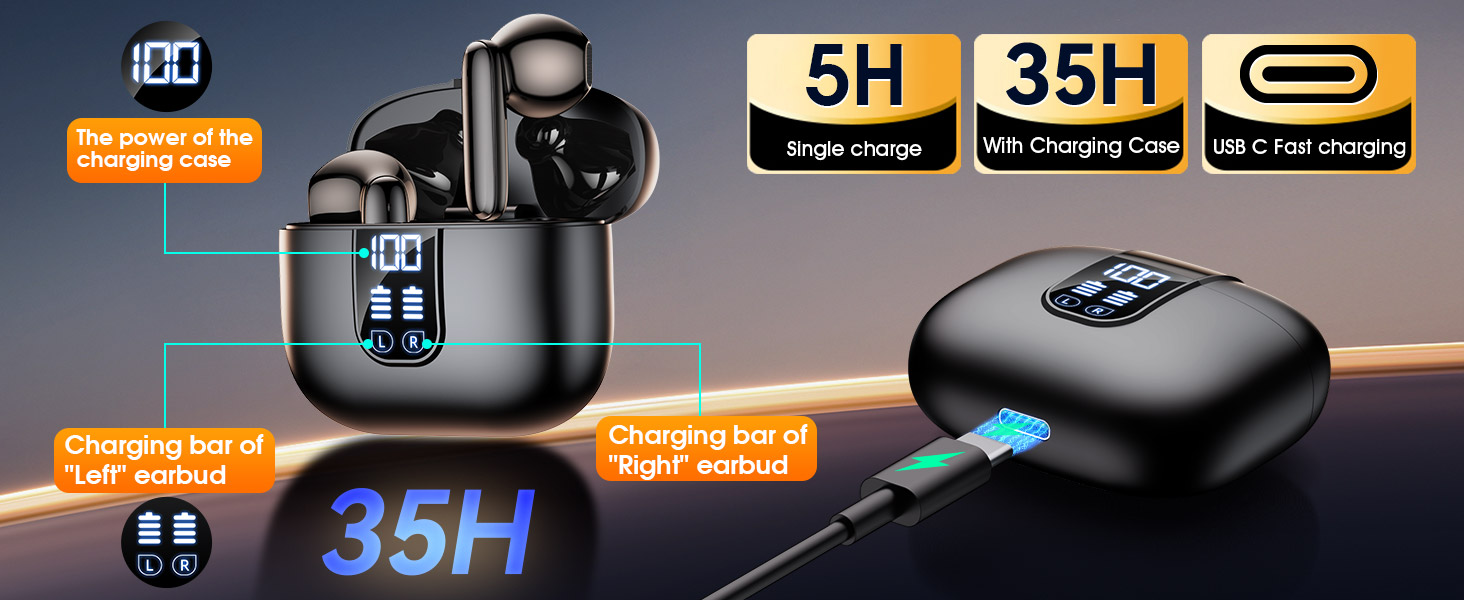 Bluetooth Earbuds Mini Deep Bass Stereo Sound, 36H Playtime LED Display Wireless Earphones