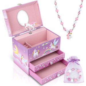 Musical Jewellery Box for Girls - Rainbow Unicorn Music Box with 2 Pullout Drawers
