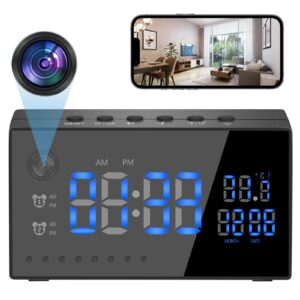 HD1080P WiFi Spy Hidden Camera Clock Loop Recording Motion Detection Night Vision Live Remote Viewing Wireless Nanny Cam for Home Security Android/iOS Digital Alarm Clock Temperature Display