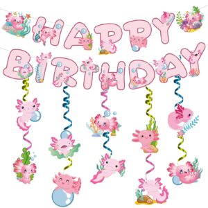 Axolotl Happy Birthday Decorations - 12 Pcs Pink Banner Garland Hanging Swirls Photo Background Decor Set Cute Animals Party Supplies Backdrop Sign for Children Kids Girls Boys