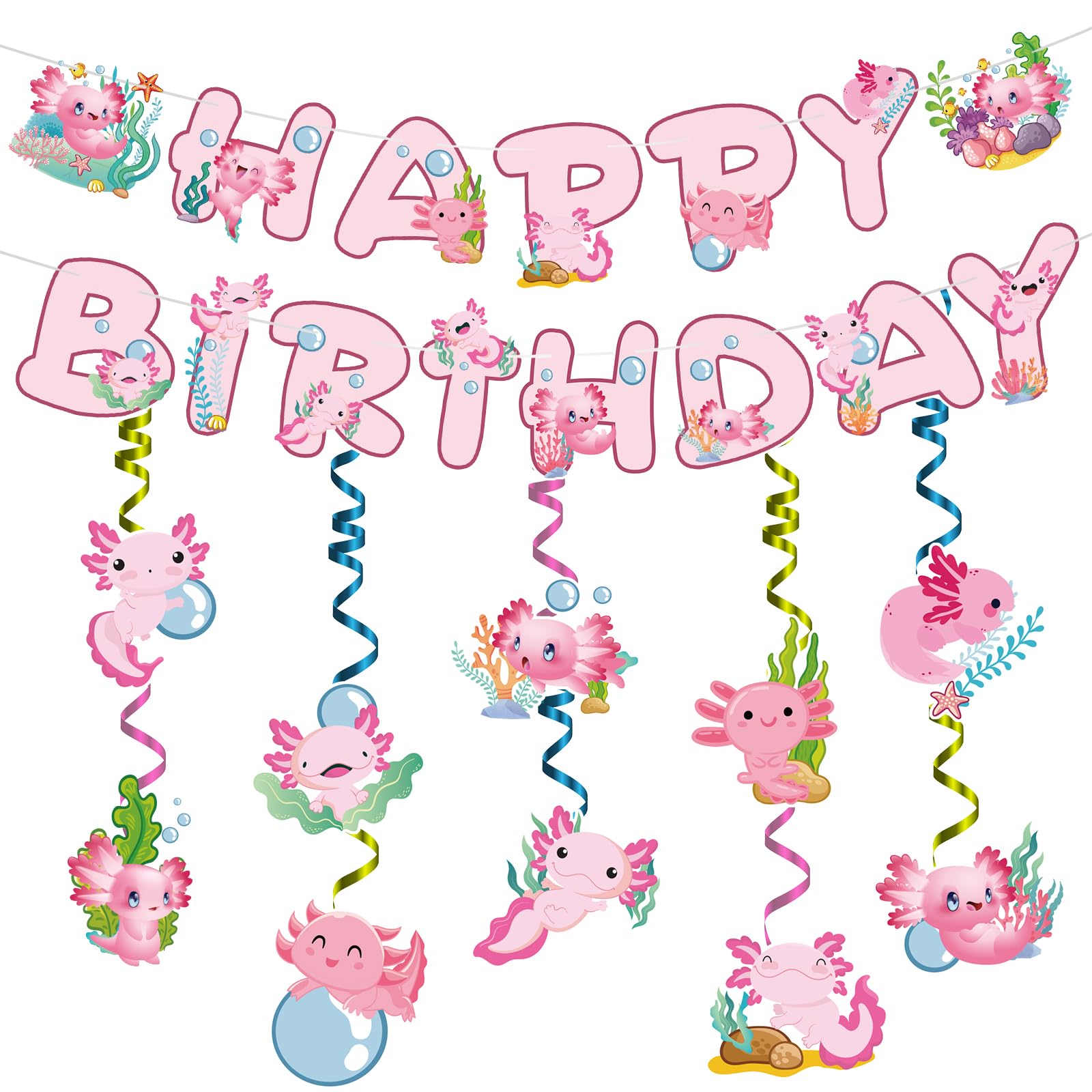 Axolotl Happy Birthday Decorations - 12 Pcs Pink Banner Garland Hanging Swirls Photo Background Decor Set Cute Animals Party Supplies Backdrop Sign for Children Kids Girls Boys