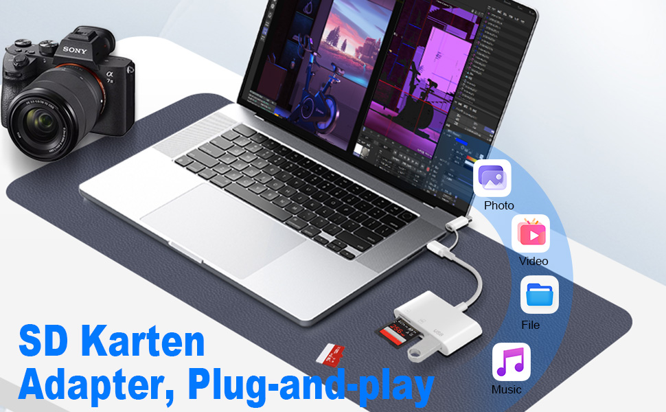 3 in 1 memory card reader for iPhone/iPad or USB-C devices
