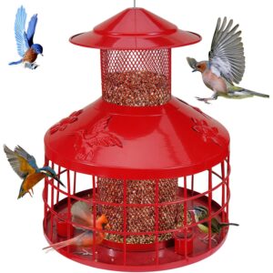 Squirrel Proof Bird Feeder - 4.2LB Red Metal Retractable Hanging Bird Feeder with 3 Water Cups