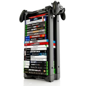 ADZ Universal Game Holder – 23 Game Storage Tower Rack for PS2 PS3 PS4 PS5 PSP Xbox 360 Xbox One Series X Wii Switch Games DVD and Blu-Ray Disks. Includes 2 Controller Mounts (Black)