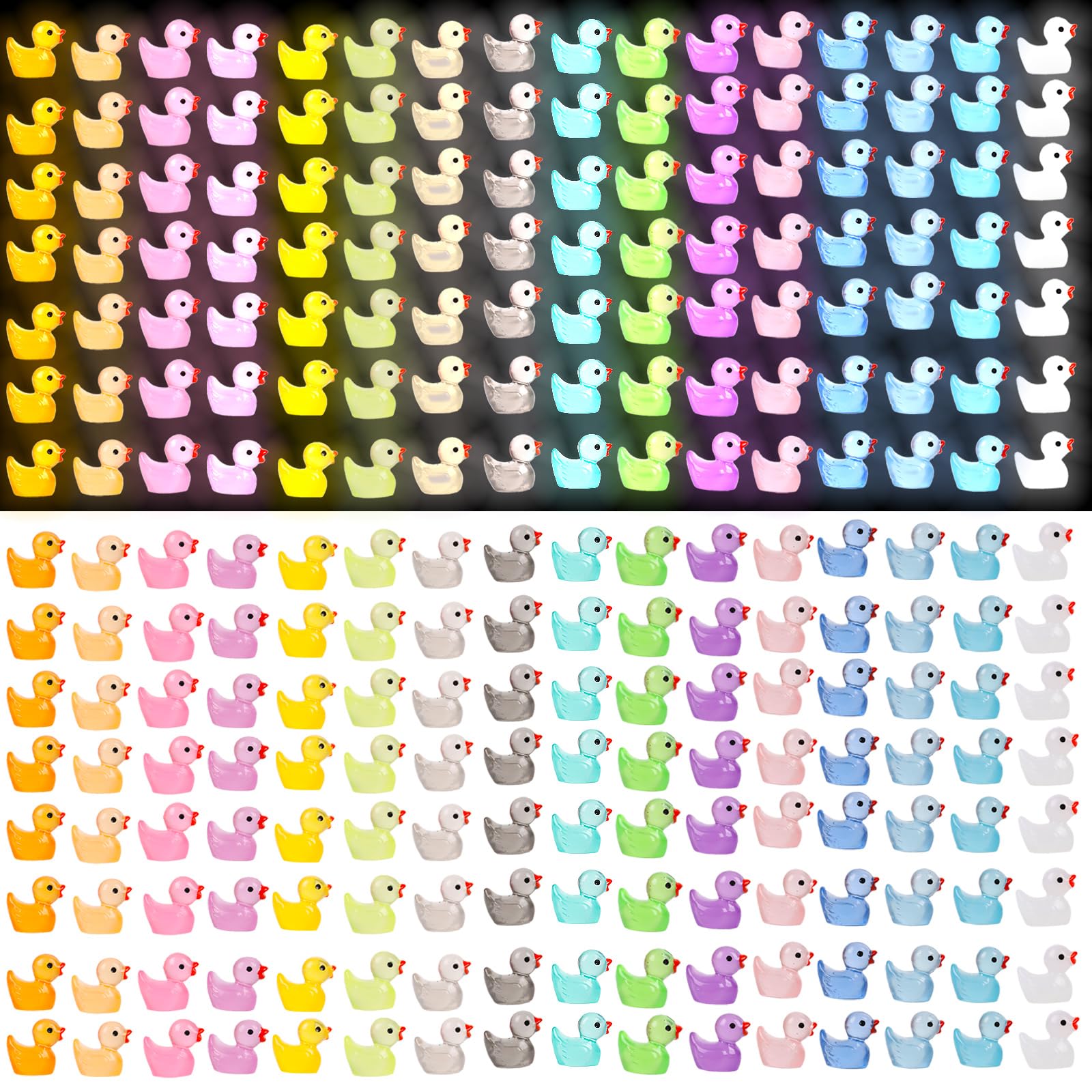 VEYLIN 160 PCS Mini Luminous Resin Ducks,16 Colors Tiny Ducks Glow Small Ducks Miniature Figures for Fairy Garden Aquarium Landscape Dollhouse Ornament Potted Birthday Party Diy Craf