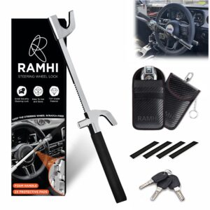RAMHI Heavy Duty Car Steering Wheel Lock Includes 2 Keys and Car Key Signal Blocker Pouch |Steering Lock | Anti Theft Bar - Universal Fit with 2 Designs Yellow/Black (Black)