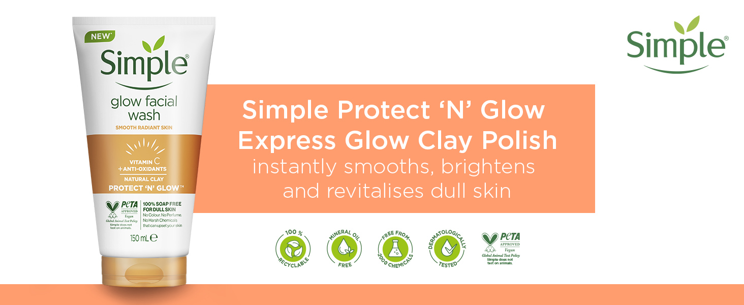 Simple Protect ‘N’ Glow Express Glow Clay Polish instantly smooths, brightens, revitalises dull skin
