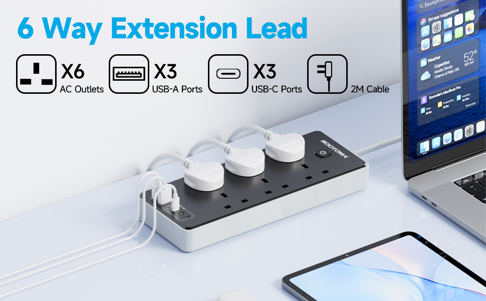 extension lead with usb slots; 6 way extension lead; 6 plug extension lead;