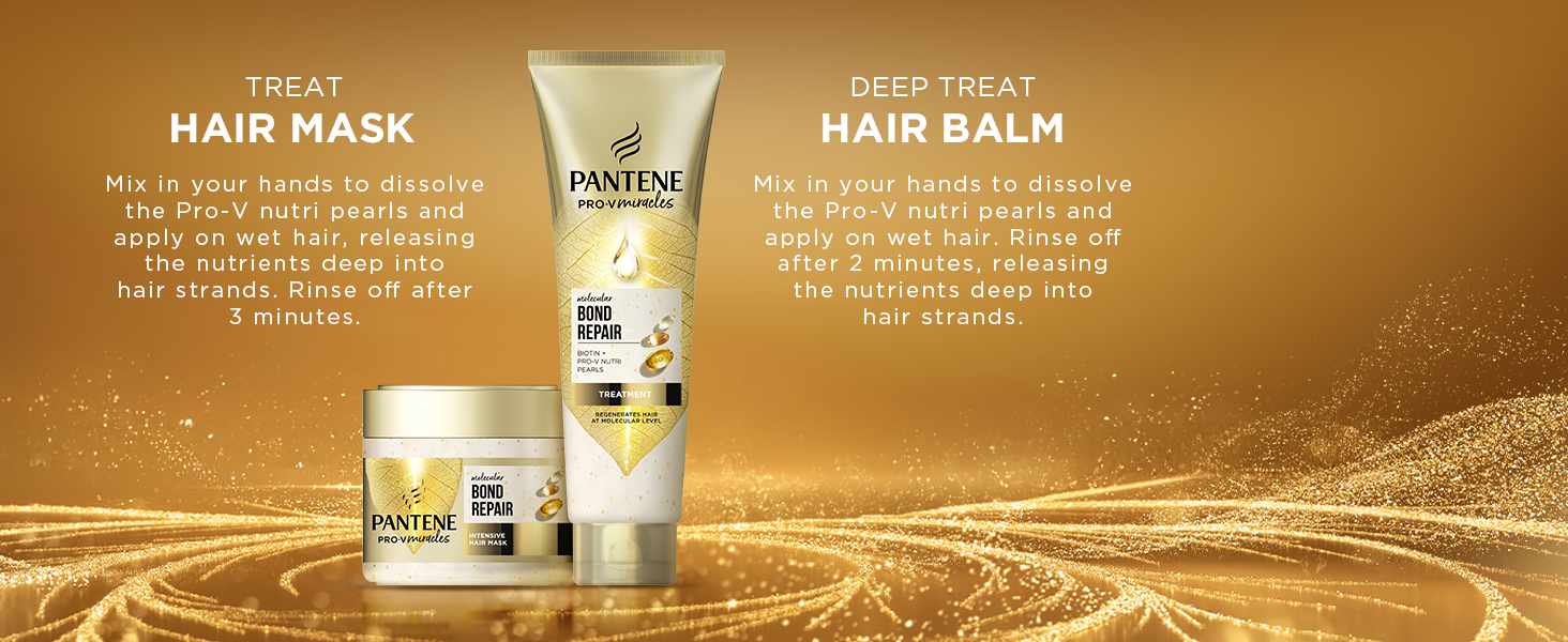 Pantene Bond Repair hair mask and treatment balm with instructions on gold background