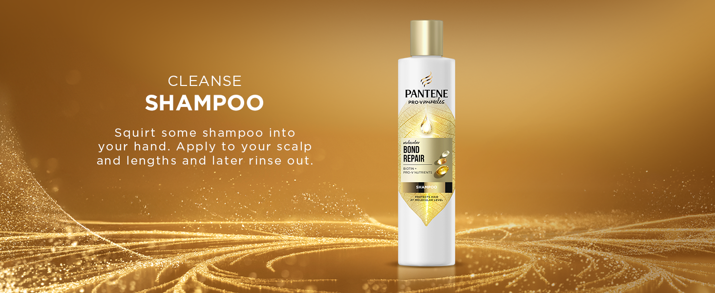 Pantene Bond Repair shampoo bottle with usage instructions on gold background